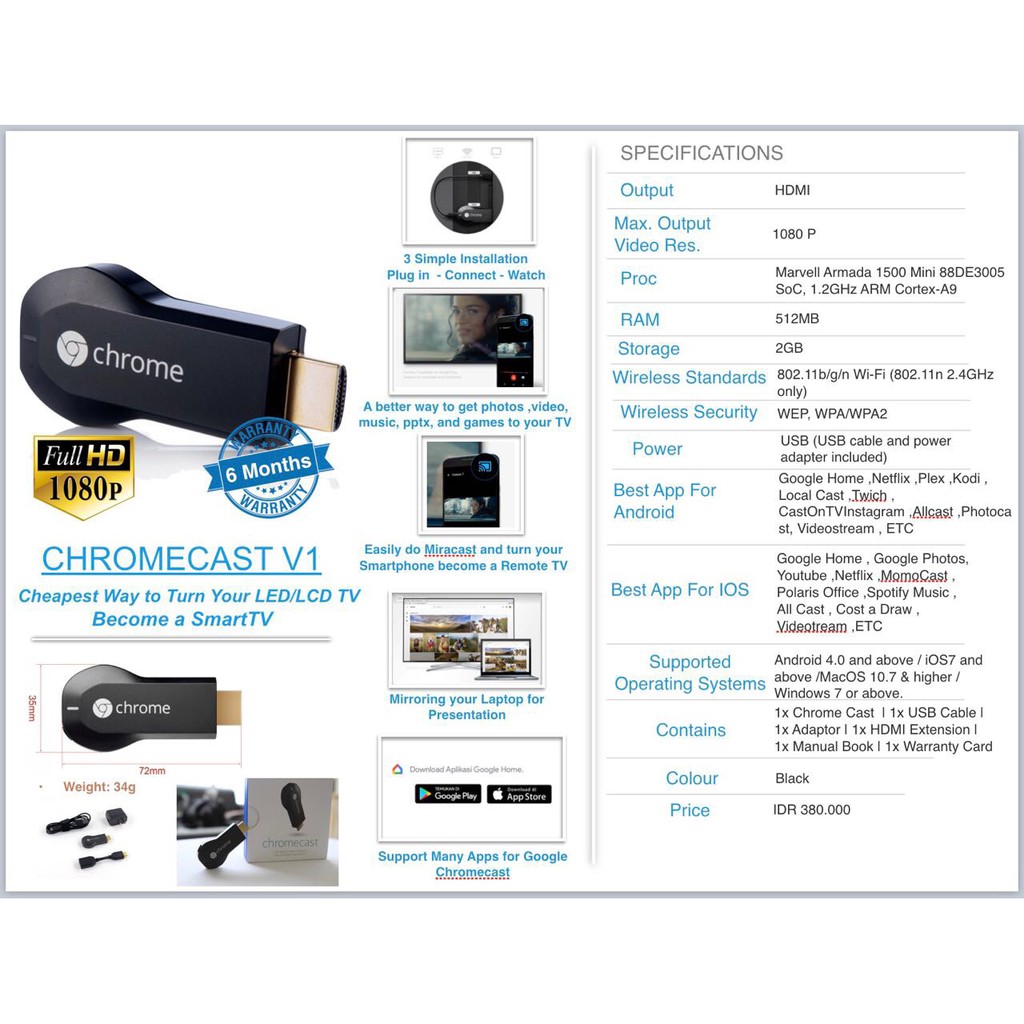 HDMI Wifi TV Dongle Google Chromecast Full HD 1080P (ORIGINAL PRODUCT)