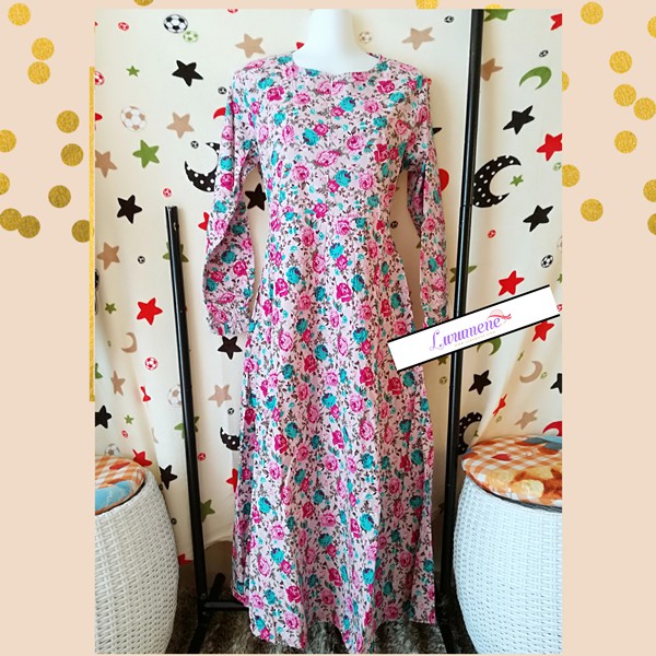 Gamis Dress Motif Bunga Kecil Pink