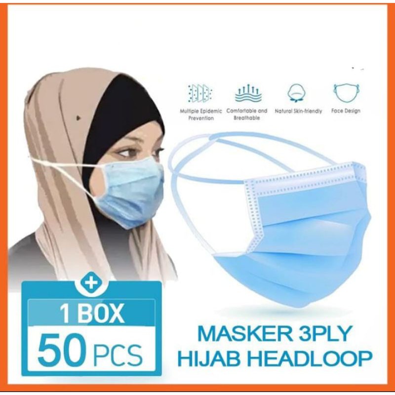 Masker Hijab 3 Ply Medis Bedah Headloop 3Ply Disposable Surgical Mask