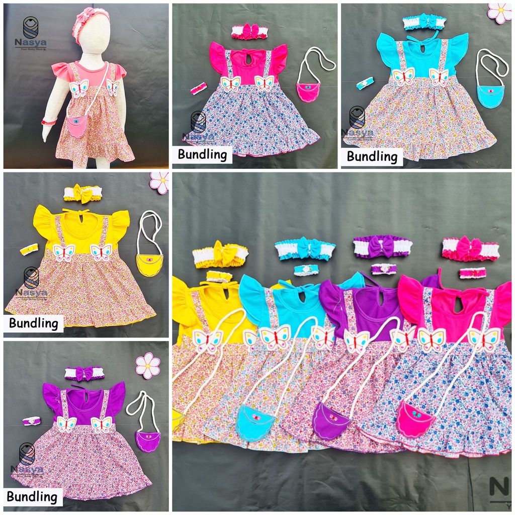 [P-030B] Dress Bayi Anak Usia 0-6 Bulan Full Set Bandana, Gelang dan Tas