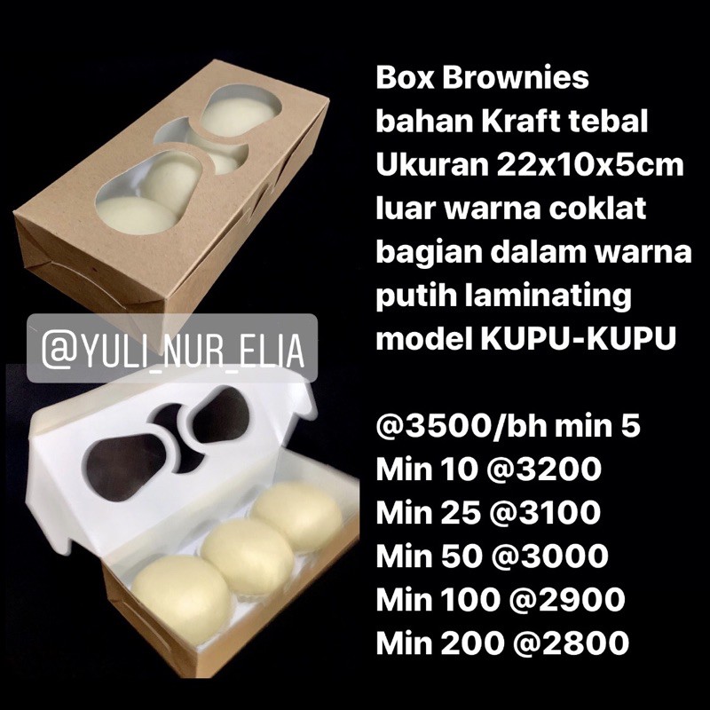 

Box Brownies 22x10x5cm kupu2 bahan Kraft tebal bagian dalam putih laminating