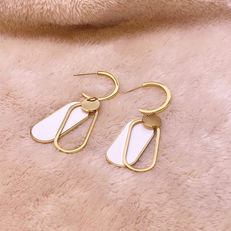 Anting gantung liontin oval ganda putih titanium anti karat korea fashion