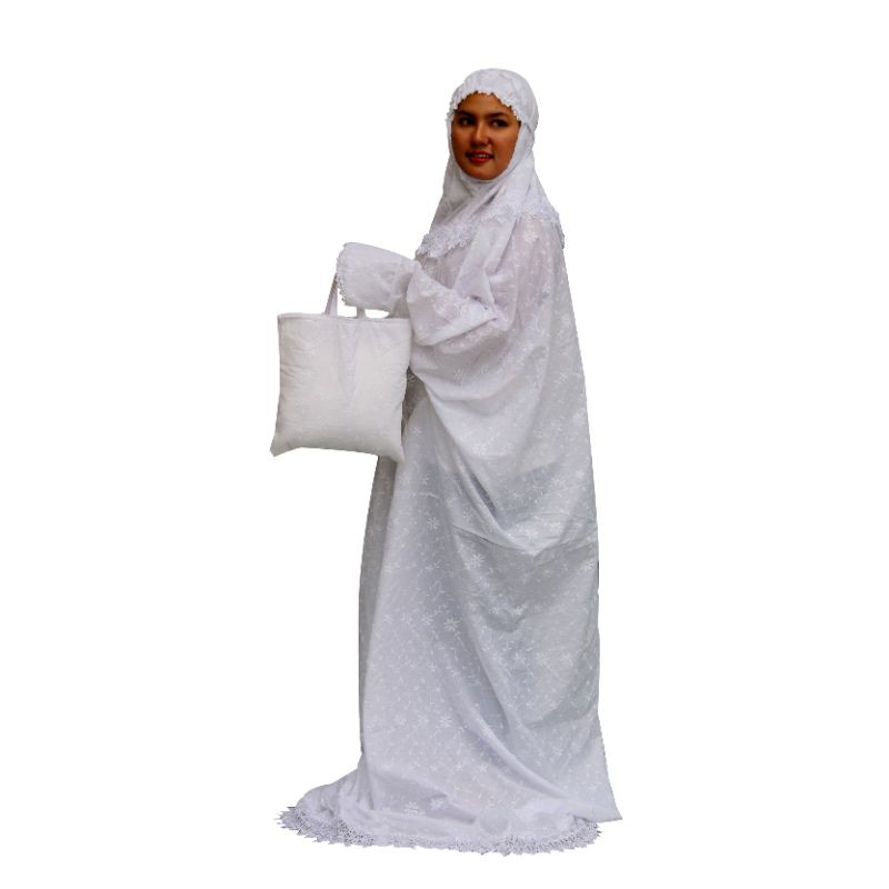 Mukena Terusan Dewasa Remaja Katun Jepang Putih Renda MR Standar Pesantren. Bukan Sutera