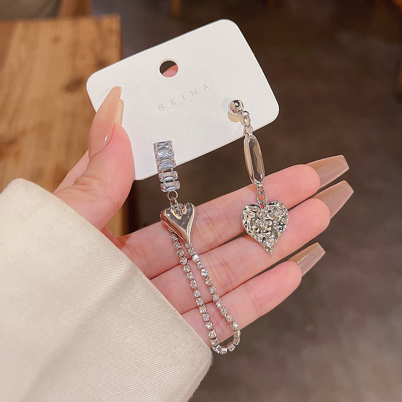 Anting Tusuk Sterling silver 925 Desain Hati Asimetris Hias Kristal Zircon Mewah Untuk Wanita
