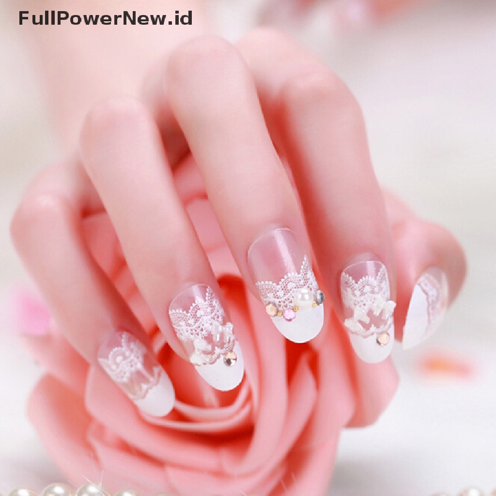 24 Pcs Kuku Palsu Bahan Akrilik Aksen Kristal Gaya Perancis Untuk Nail Art