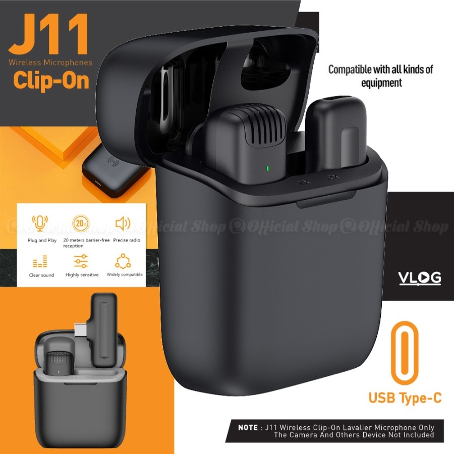 Wireless Lavalier Mic J11 with Case Charger Clip On Type C HP Android