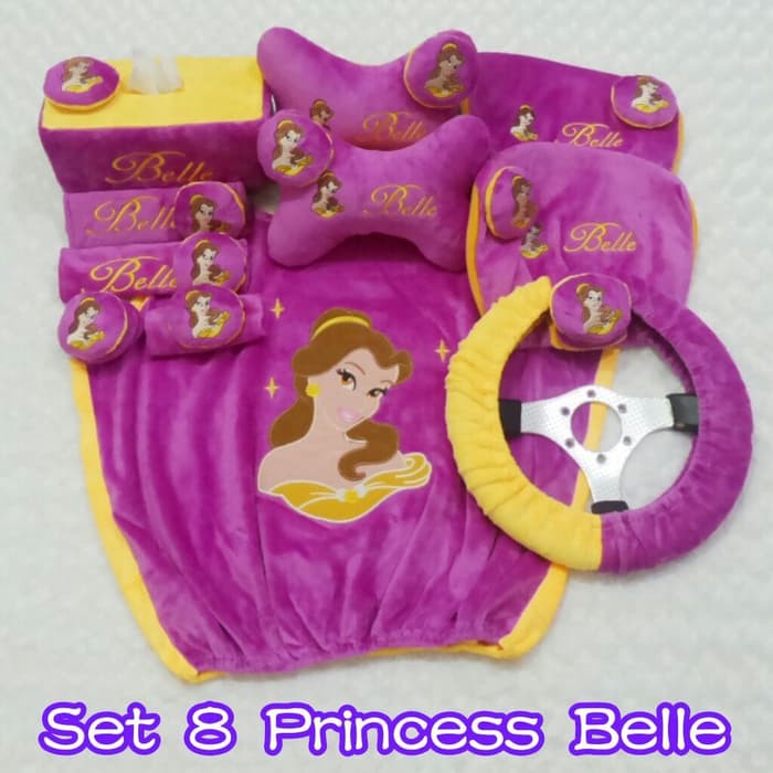 Set SARUNG bantal headrest sandaran kepala jok leher kursi mobil Princess Belle UNGU 8 P