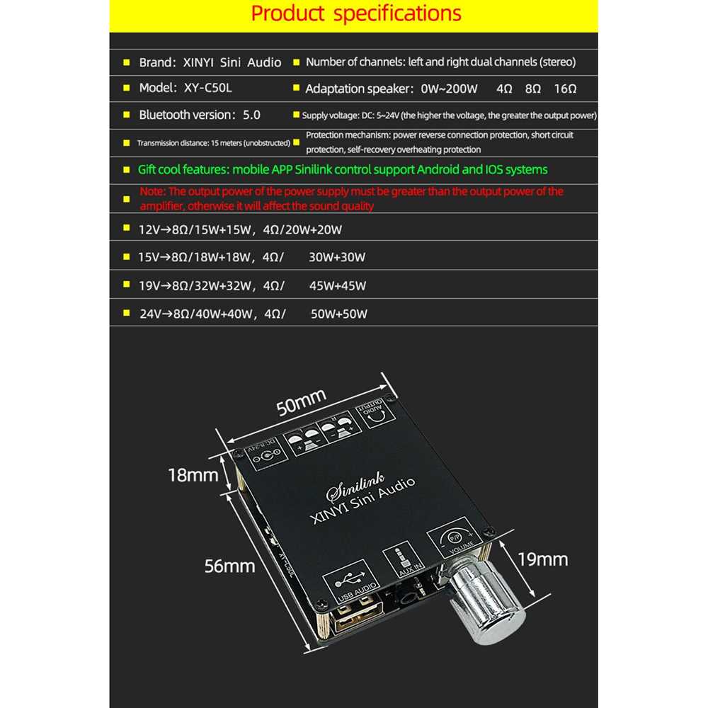 Sinilink XINYI Audio Amplifier HiFi Bluetooth 5.0 ClassD 2x50W XY-C50L ( Mughnii )