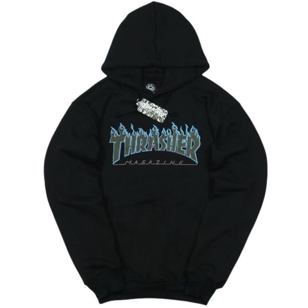 JAKET HOODIE PRIA THRASHER BLUE FLAME LOGO HITAM