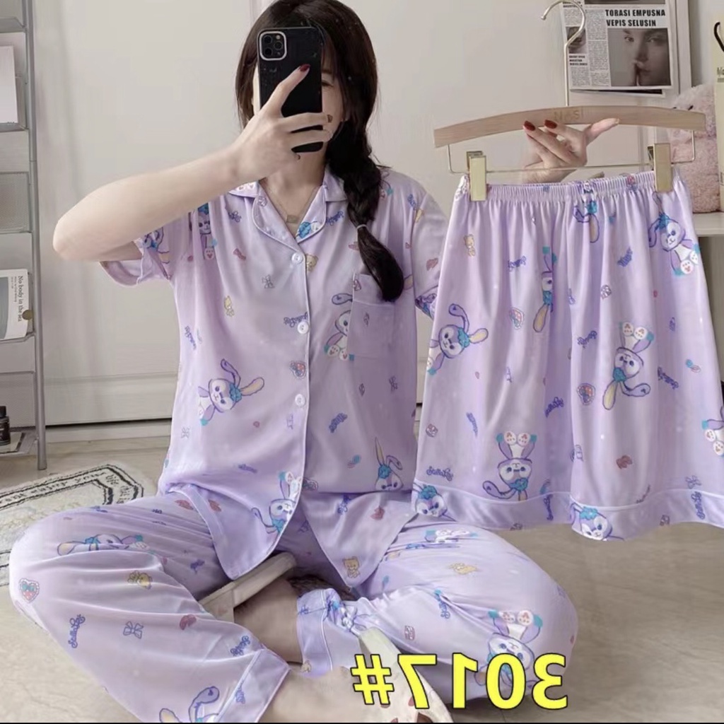 Piyama Baju Tidur Wanita Leisure Wear Import Fashion Kerah Kancing Lengan Pendek-7004 3in1