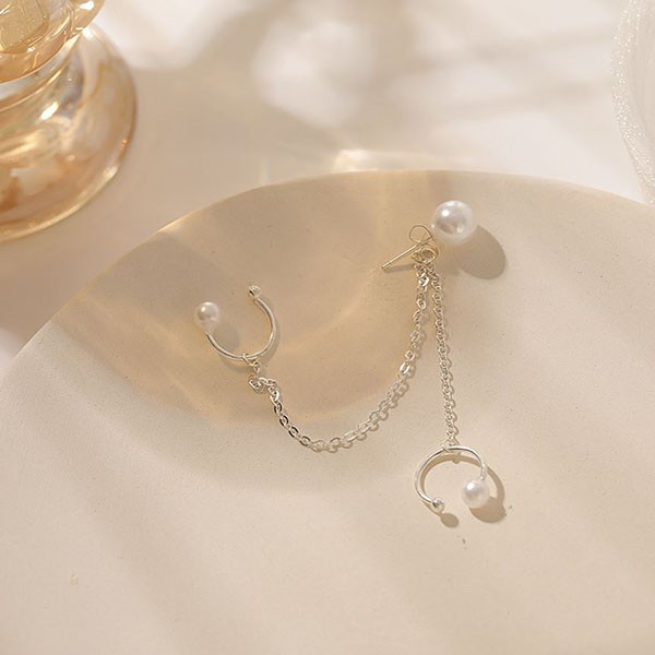 anting satu sisi s925 pearl chain clip earrings (3E3) jan256