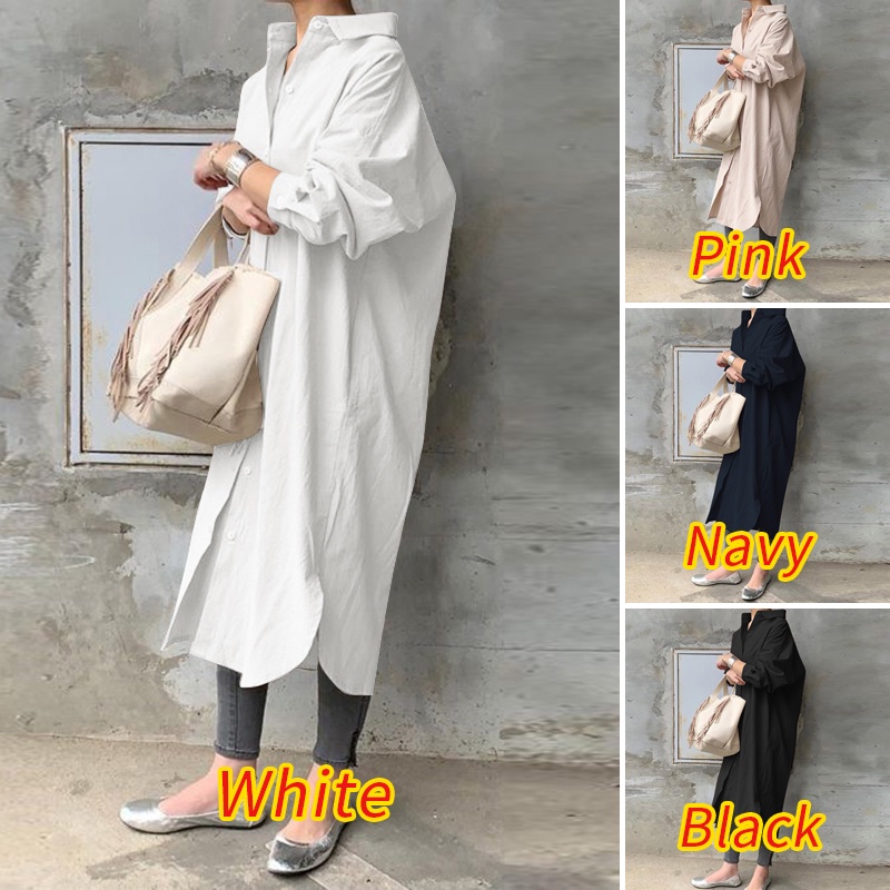 ZANZEA Women Plus Size Loose Lapel Long Sleeve Button Down Linen Dress Side Slit Long Dress