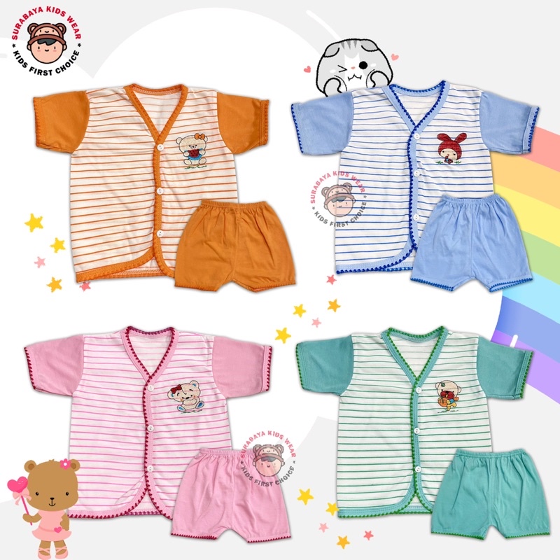 Setelan Kaos Anak Laki - Laki dan Perempuan Kancing Motif Garis Warna