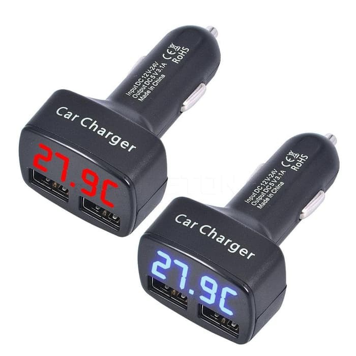 Charger Mobil 4 In 1 USB Voltmeter, Ampere Meter, Temperature Suhu Car Charger with Dual 3.1A output