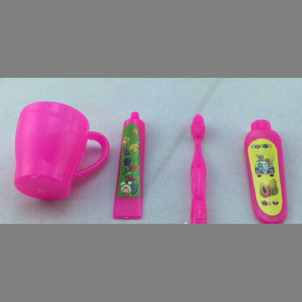 Deid 4pcs / Set Mainan Sikat Gigi + Pasta Gigi + Mawar Fuchsia Untuk Aksesoris Kamar Mandi Boneka Barbie