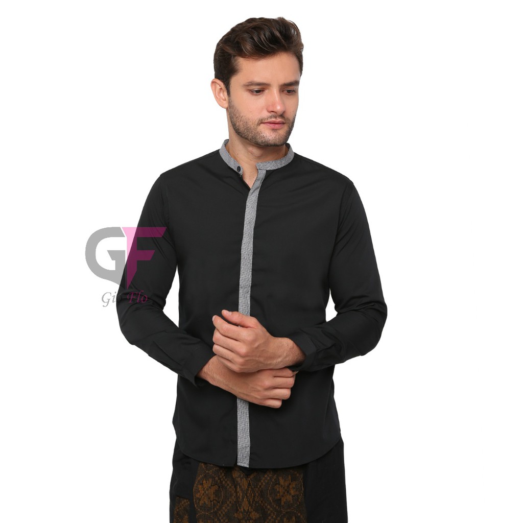 GIOFLO Baju Kemeja Koko Kerah Shanghai Panjang Slim Fit Modern Hitam / KMP 06