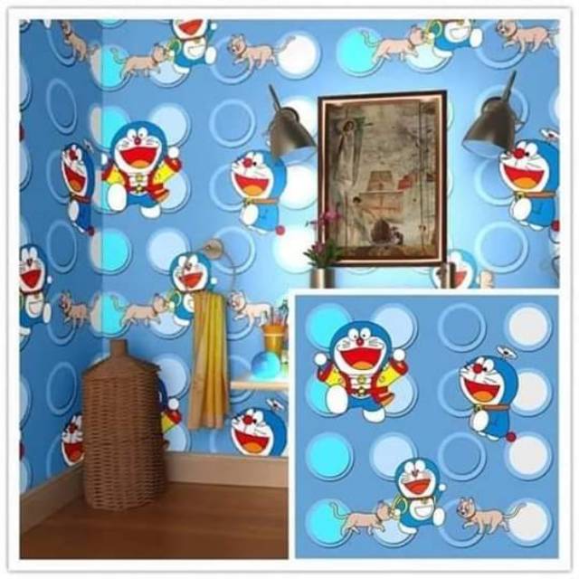 WALLPAPER STIKER DINDING.MOTIF DORA EMON POLKADOT