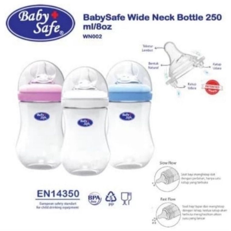 Baby Safe Wide Neck 150ml 250ml WN001 WN002 / Babysafe Botol Susu Bayi Leher Lebar Wideneck
