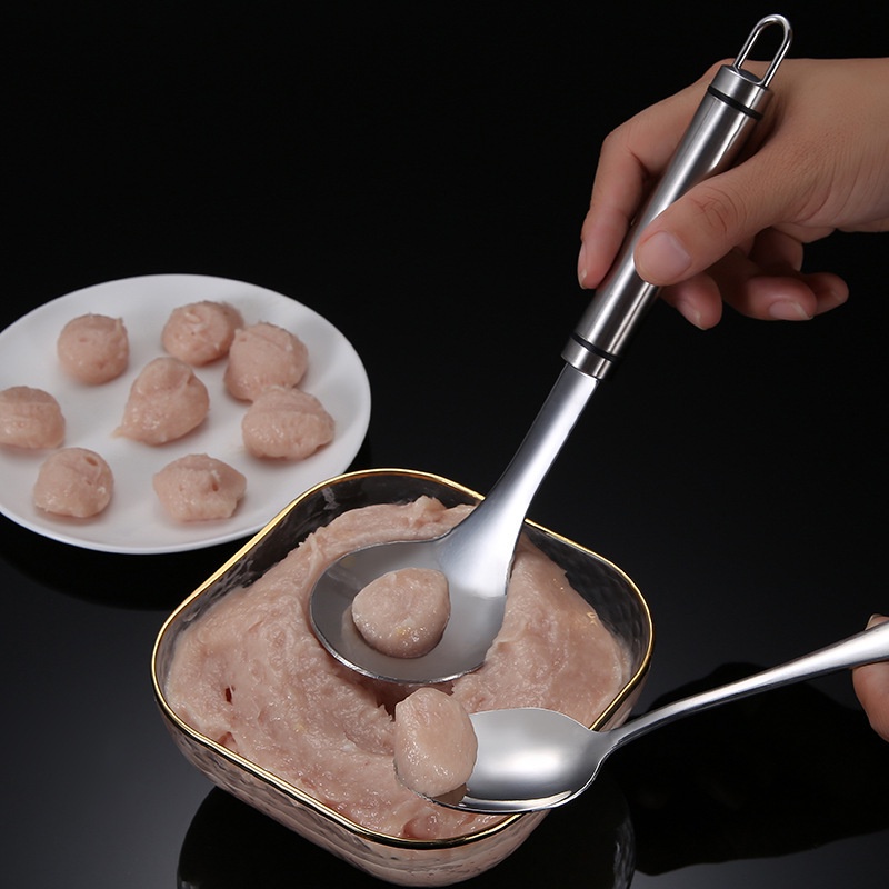 [Stainless Steel Meatball Spoon with Long Non-stick Handle] [Shrimp Ball Making Mold with Oval Hole] [Meatball Making Tool]