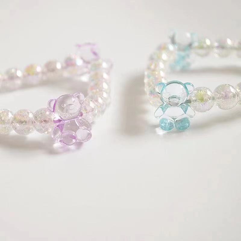 Women Korean Ins Cute Candy Color Cartoon Bear Crystal Beads  Bracelet Hair bands / Ladies Elastic Simple Elastic Hair Ties