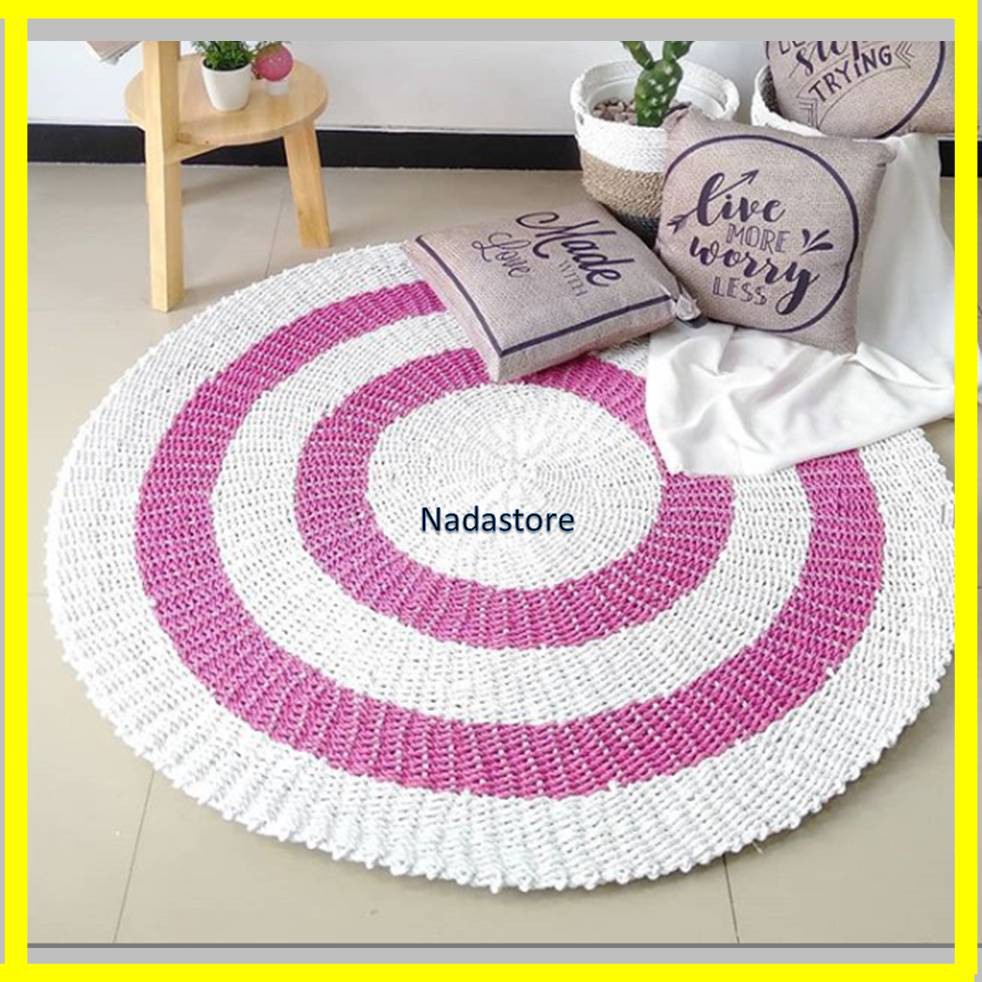 Nadastore Rug Seagrass / Karpet Anyaman Putih pink Diameter 120 CM ( NEW ARRIVAL )