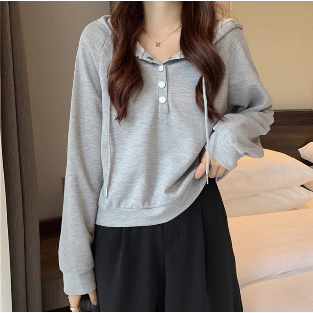 GAMMA BUTTON Hoodie Sweater Wanita Korean | Sweater Kancing Polos Wanita Fashion Korean Style Oversize