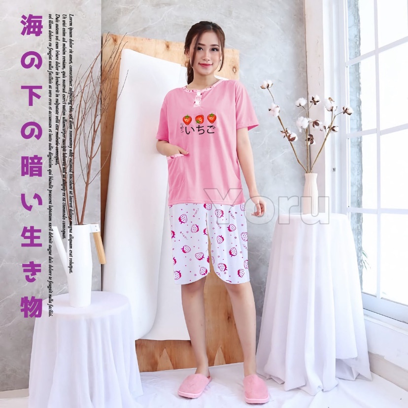 Pamelo Piyama 3/4 Baby Doll Murah Suplier Sleep Wear All Size Baju Tidur Wanita kaos Katun Stelan Stage2 Baju Tidur Murah Produk Terlaris-3 stobbery Pink