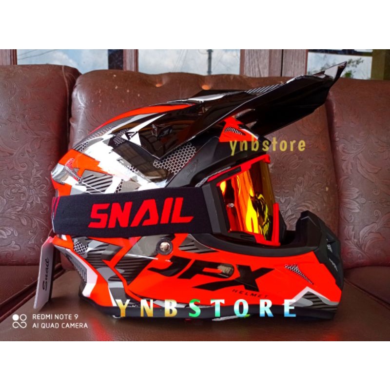 Helm JPX Cross Motif X35 F1 Pro Red Fluo Glossy + Kacamata Google Goggle Snail Mx36 Mx40 Original