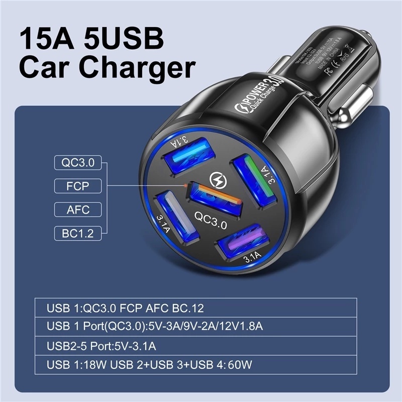 Adapter Charger Mobil 5 Port Usb Qc3.0 Fast Charging Untuk Iphone / Android