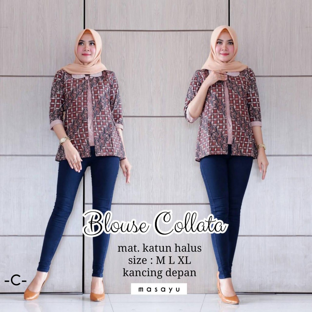 Blus Collata Batik Kombinasi Genes Sogan Layer Batik Modern Casual Kerja Seragam Kantor