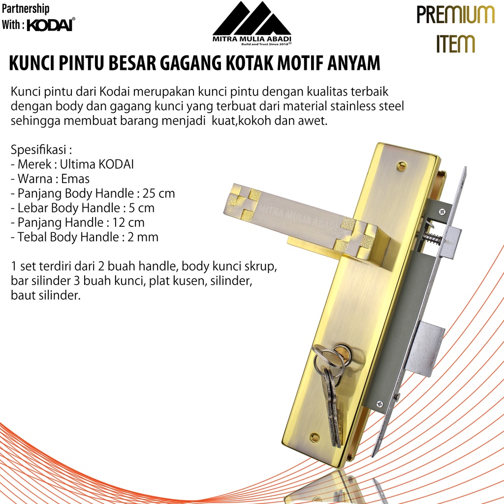 Kunci Pintu Besar Emas Ultima by KODAI | Gagang Kotak Motif Anyam | Full Set