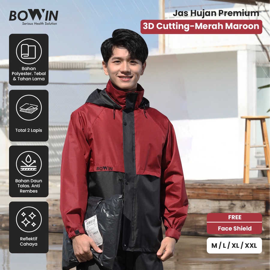 Bowin Jas Hujan Baju Celana Premium 3D Cutting + Face shiled , anti Angin dan anti Bakteri Bahan Tebal dan Premium