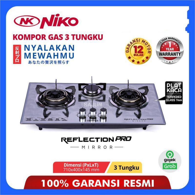 NIKO   3 Tungku, MIRROR  , Kompor Gas Kaca  2 Tungku