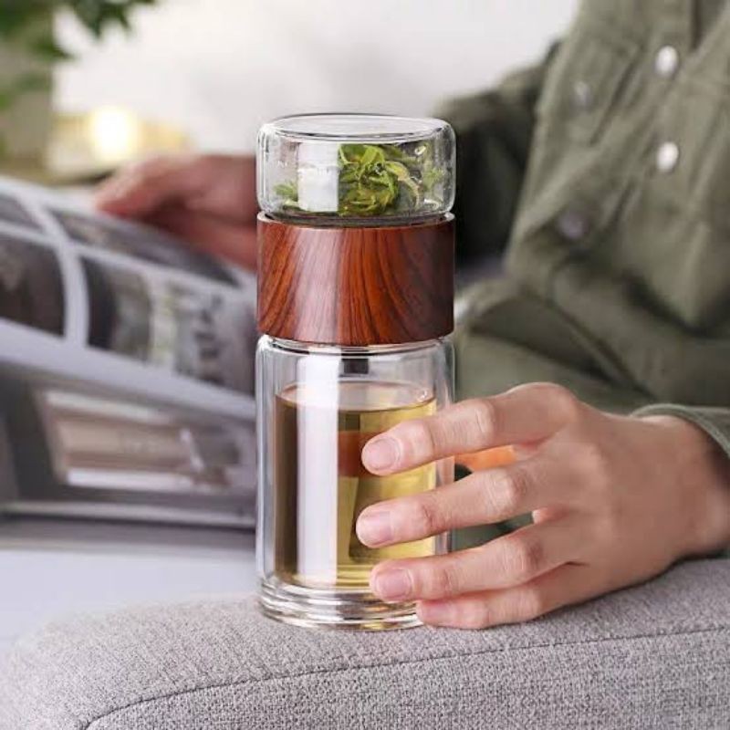 High Quality Double Glass Water Bottle Drink Bottle Infuser Tumbler tea saringan botol kaca wooden