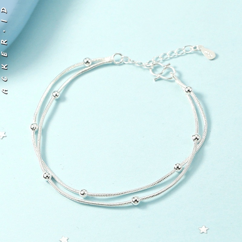 [ACKER] 925 Silver Double Layer Anklet Beads Korea Gelang Wanita Gadis Perhiasan