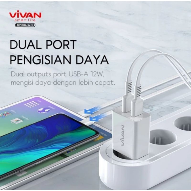 VIVAN Dual USB Charger 2.4A DD02 12W with Charging Cable