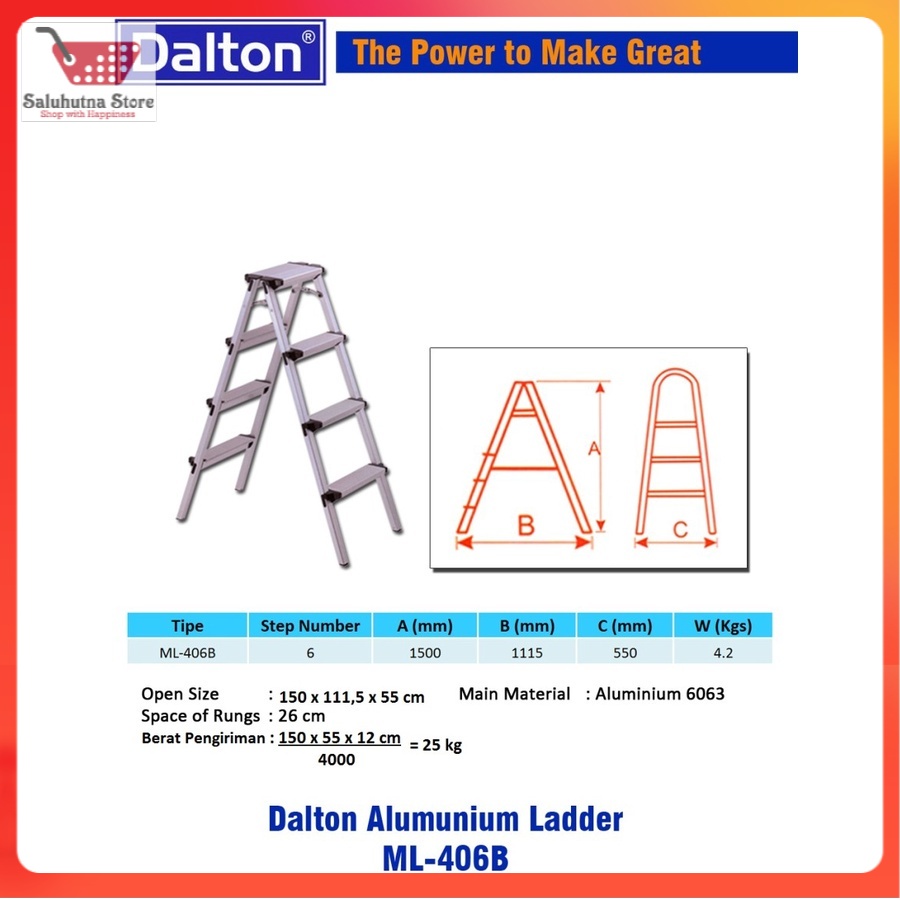 Tangga Lipat 5 Step DALTON ML-406B Aluminium Step Ladder 2x6 Steps 1M Original