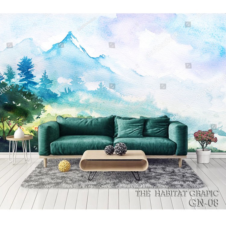 KWALITAS HD Wallpaper Ruangan Rumah Mewah Cat Air lukisan Pemandangan Alam 3D ,Wallpaper Custom 3D