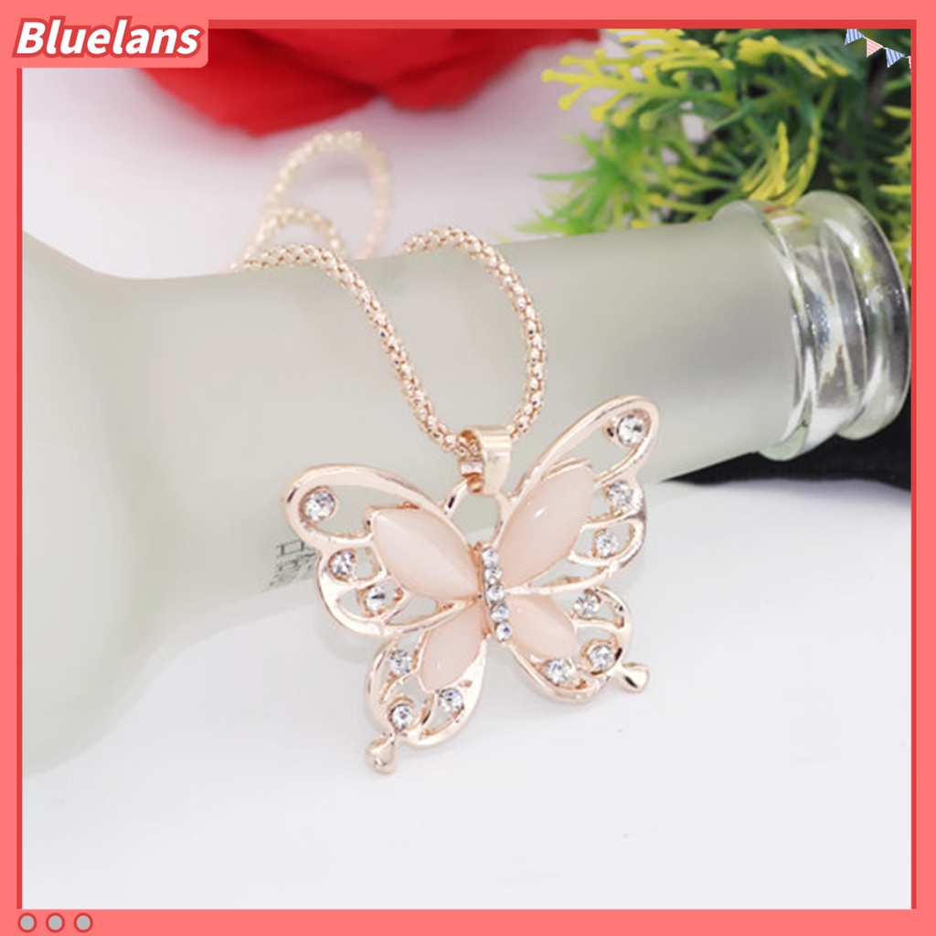 Bluelans Kalung Liontin Kupu-Kupu Warna Rose Gold Aksen Berlian Imitasi Untuk Wanita