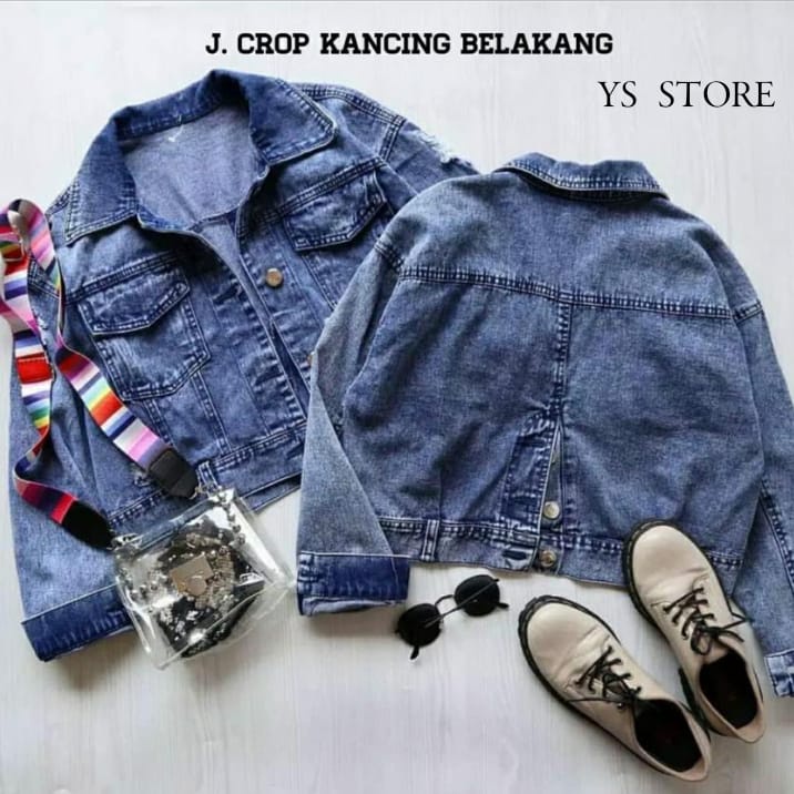 Jaket Crop Wanita - Jaket Crop Jeans Wanita Model Belakang Kancing - Jaket Jeans Import