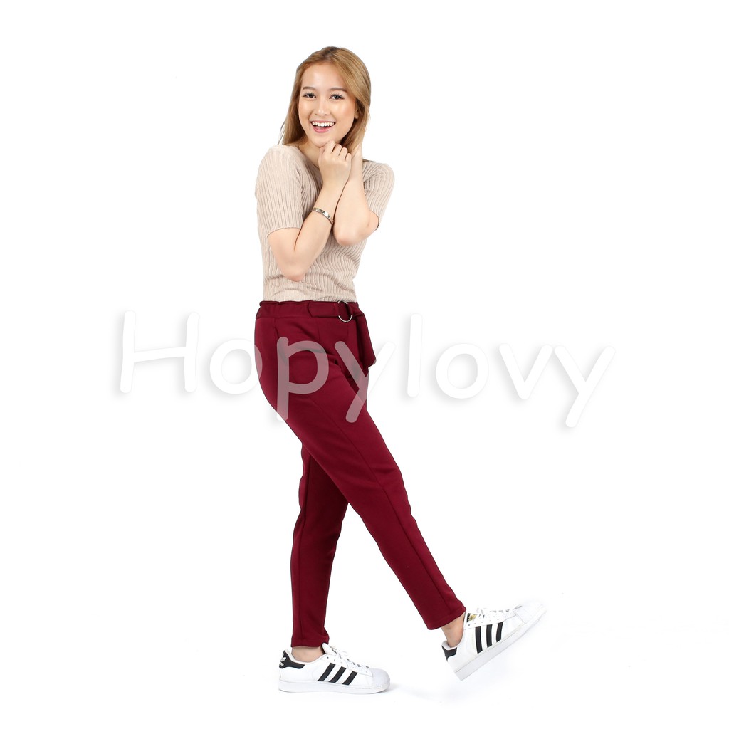 HOPYLOVY - Celana Panjang Wanita Bahan Scuba Tebal / Celana Bahan Wanita / Celana Kerja Variasi Ring Belt Ragna