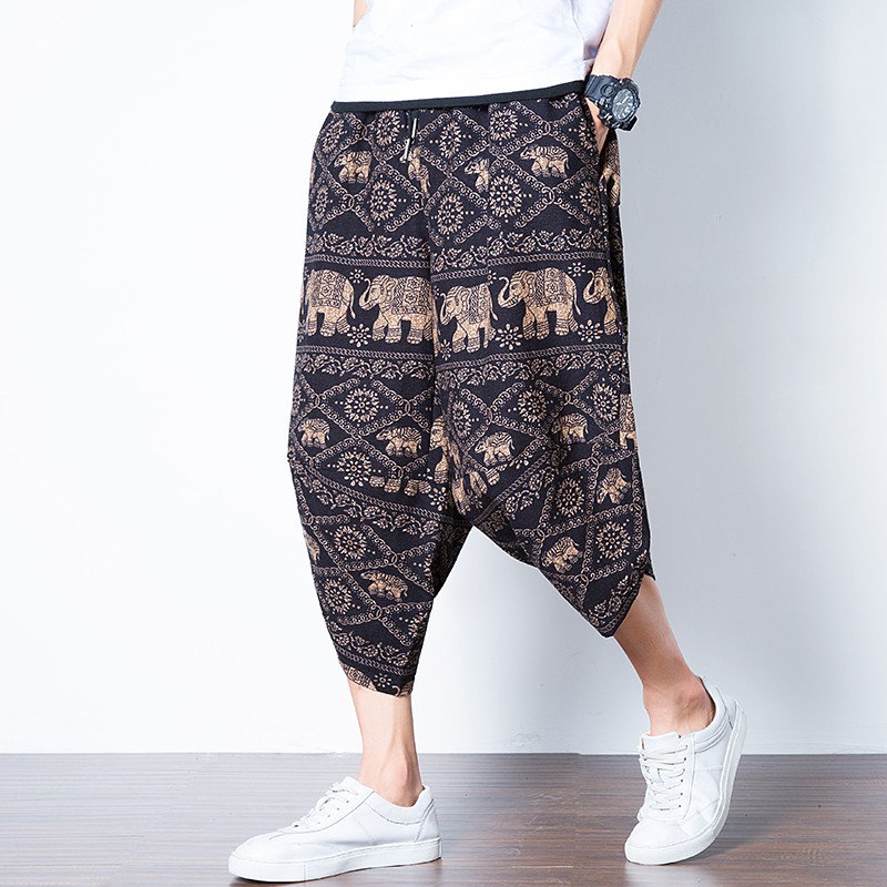  Celana  Panjang Jogger  Bahan  Katun  Linen Motif Print Gajah 
