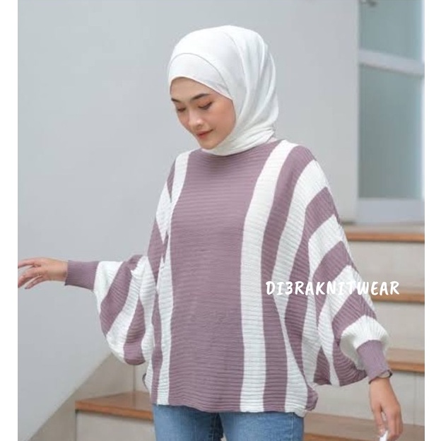 Batwing Zebra Polet Stripe Oversize | Atasan Korean Rajut Wanita