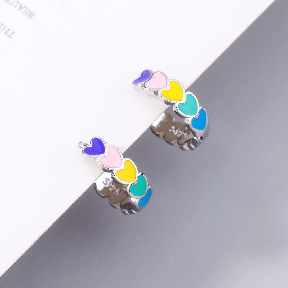 Solighter Anting Perak Fashion Hati Enamel Rainbow Piercing Earring Hoops