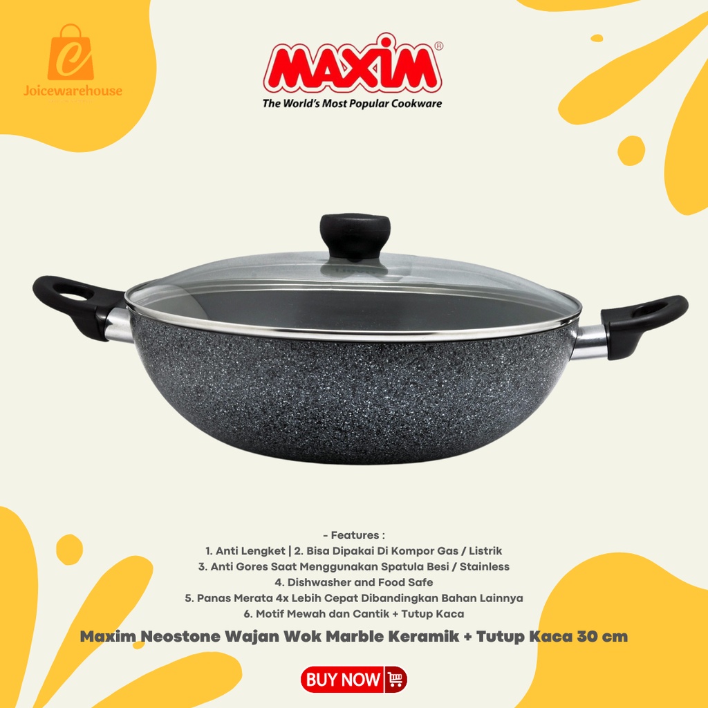 Maxim Neostone Wajan Wok 30cm | Wajan Anti Lengket Marble Keramik + Tutup Kaca 30 cm