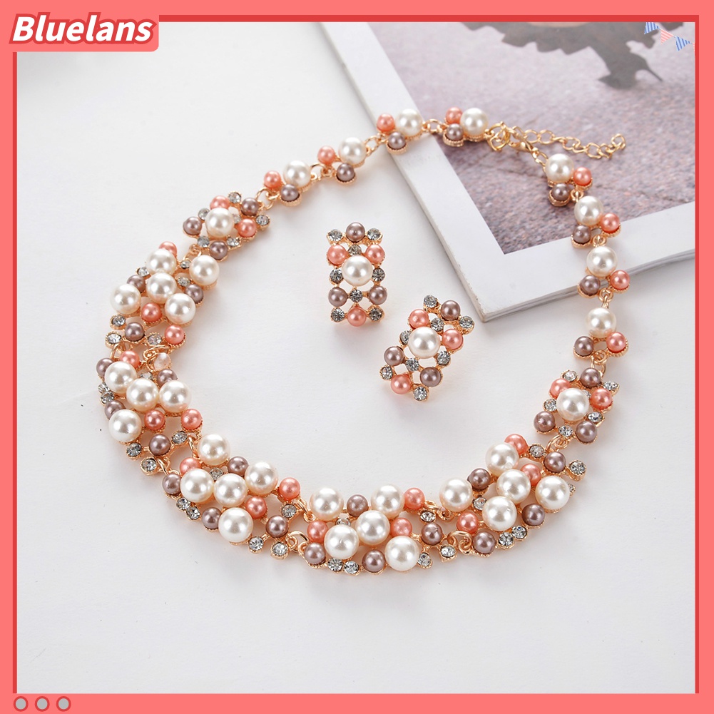 Bluelans 2Pcs / Set Kalung Dan Anting Mutiara Berlian Imitasi Untuk Wanita