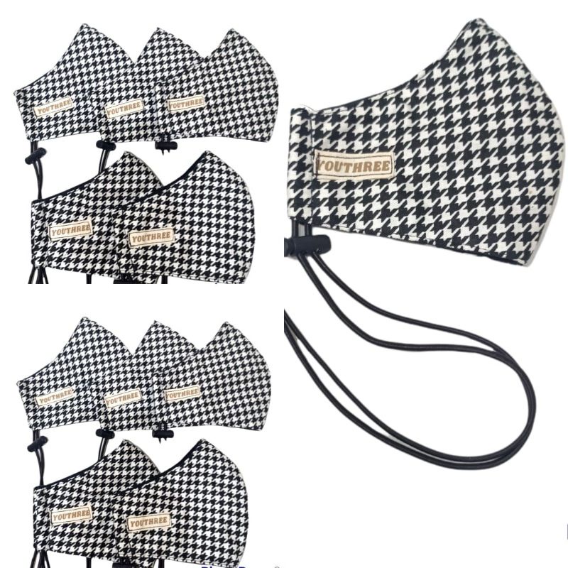 Masker Kain Hijab Duckbill Headloop Katun 3 Lapis 3 Ply Masker Hijab Motif Houndstooth Hitam Putih