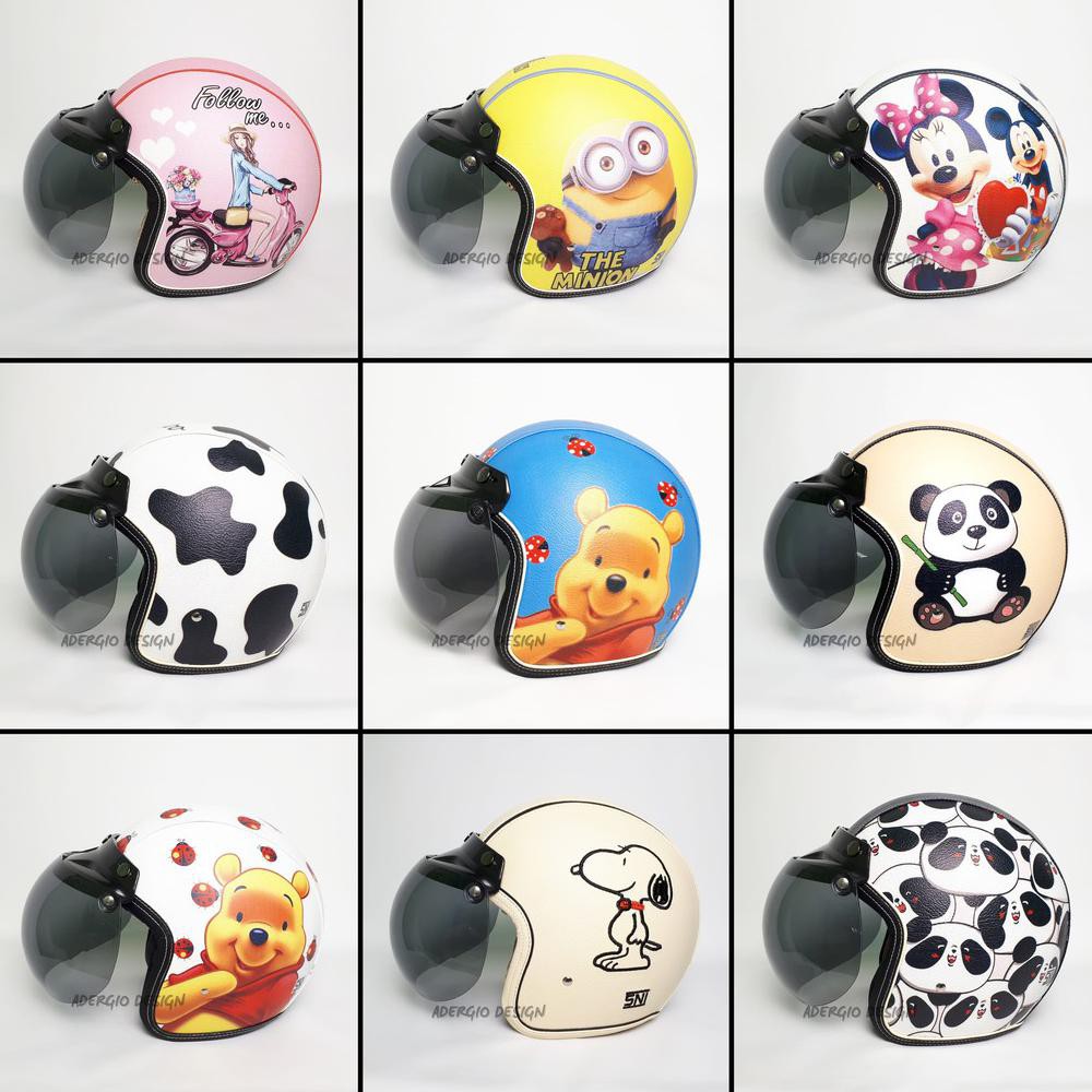 HELM BOGO Full Kulit Retro Klasik Motif Catch Me Minion Mickey Mouse Moo Sapi Pooh Panda Snoopyu