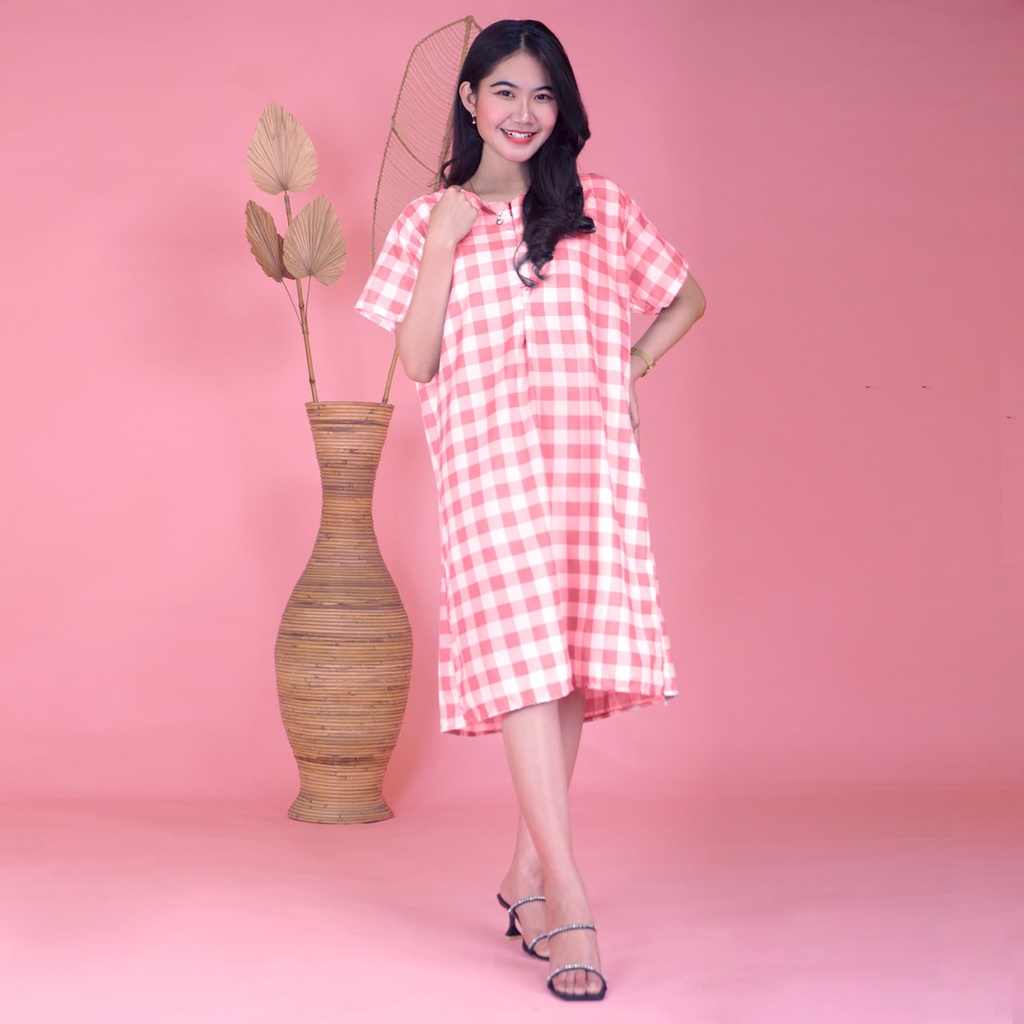 Daster JUMBO XXL Batik, Motif Acak / Campur, Leher Kancing Bumil Busui , Batik Warna-DJR Kotak Pink