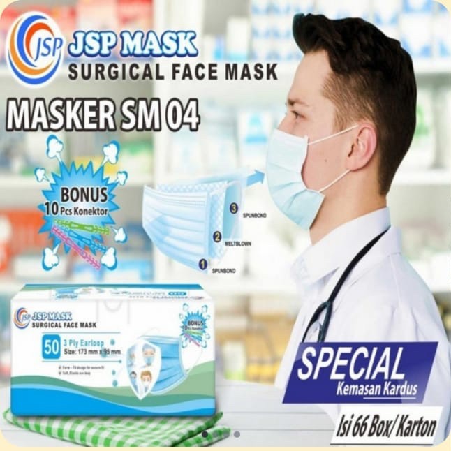 mwn.tiys MASKER MEDIS JSP 3 PLY 1 BOX ISI 50 PCS SM 04- SURGICAL MASK EARLOOP